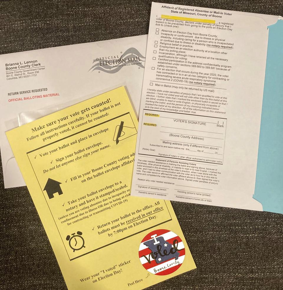 The materials included in an absentee voting package from the Boone County Clerk's office. Missouri lawmakers have eased the rules on absentee voting because of the COVID-19 pandemic.