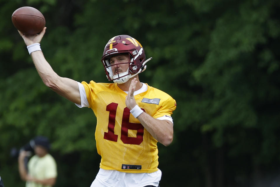 Washington Commanders quarterback Tim DeMorat (16) participates in drills during Commanders rookie minicamp at Commanders Park. Mandatory Credit: Geoff Burke-USA TODAY Sports