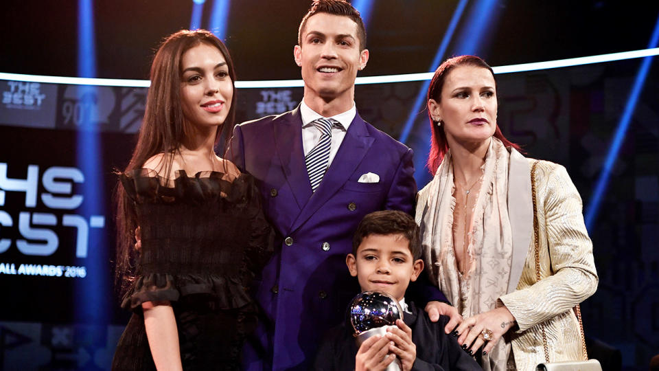 Cristiano Ronaldo, pictured here with partner Georgina Rodriguez, sister Elma Aveiro and son Cristiano Ronaldo Jr in 2016.