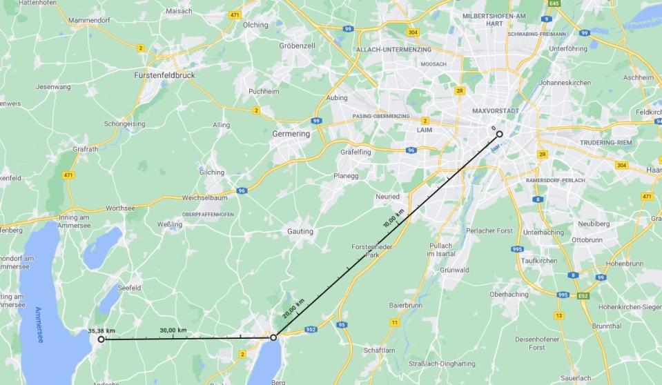 Mit Google Maps lassen sich zwar keine Radiuskreise erstellen, aber man kann die Luftlinien-Entfernungen zwischen verschiedenen Orten herausfinden. (Screenshot: Google Maps)