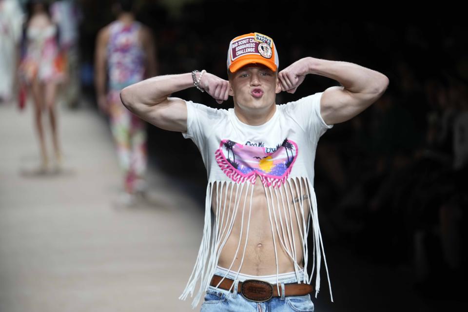 A model wears a creation as part of the Dsquared2 men's Spring Summer 2024 collection presented in Milan, Italy, Friday, June 16, 2023. (AP Photo/Luca Bruno)