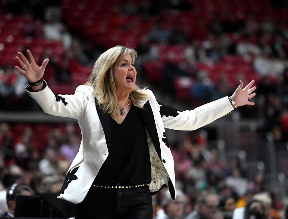 Texas Tech's head coach Krista Gerlich reacts to a play at the Big 12 women's basketball game against Texas, Wednesday, Jan. 18, 2023, at United Supermarkets Arena.