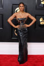 The Inventing Anna star turned heads in a strapless leather dress by Kim Kassas.