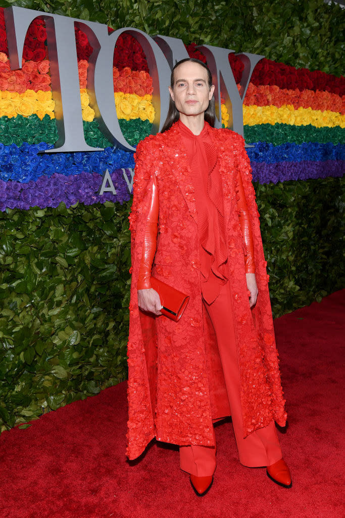 This look is an homage to Hadestown (which Jordan produced), with red flowers covering the cape coat. Every inch of this is a sight to behold.