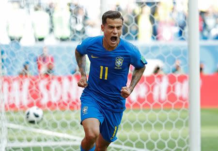 Soccer Football - World Cup - Group E - Brazil vs Costa Rica - Saint Petersburg Stadium, Saint Petersburg, Russia - June 22, 2018 Brazil's Philippe Coutinho celebrates scoring their first goal REUTERS/Max Rossi