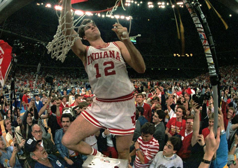 Indiana's Steve Alford cuts the net March 30, 1987 at the Superdome after Indiana defeated Syracuse for the NCAA championship in New Orleans.