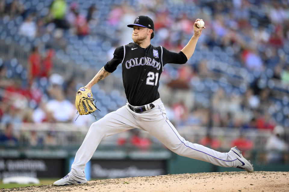 Colorado Rockies starting pitcher Kyle Freeland delivers during the sixth inning of a baseball game against the Washington Nationals, Saturday, Sept. 18, 2021, in Washington. (AP Photo/Nick Wass)