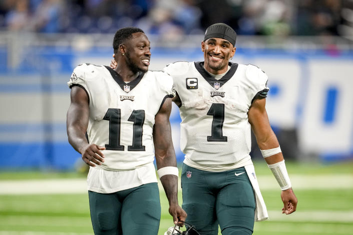 A.J. Brown #11 of the Philadelphia Eagles and Jalen Hurts #1 of the Philadelphia Eagles had huge fantasy games in Week 1