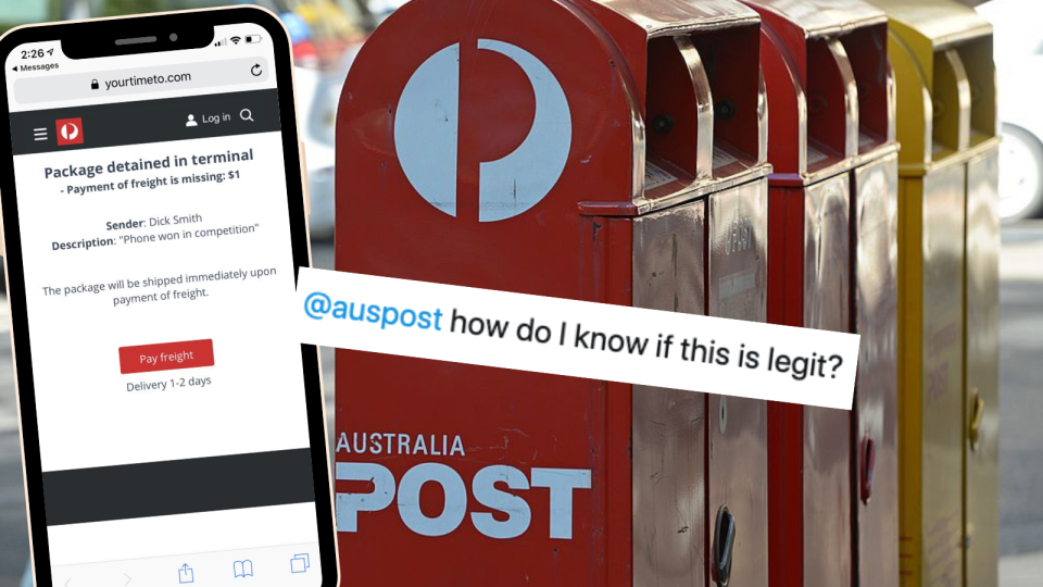 Australians have received scam texts that appear as though they have been sent by Australia Post. (Source: Twitter, Getty)