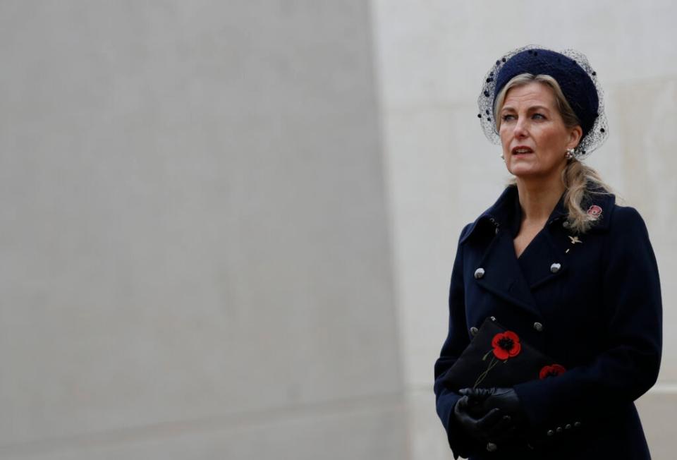 STAFFORD, ENGLAND – NOVEMBER 11: Sophie, Countess of Wessex looks at names of the fallen on the Armed Forces Memorial during Armistice Day commemorations at the National Memorial Arboretum on November 11, 2020 in Stafford, England. A small number of visitors were invited to watch in person, however, due to the covid-19 pandemic, the service was also streamed on YouTube and Facebook. (Photo by Darren Staples – WPA/Getty Images)