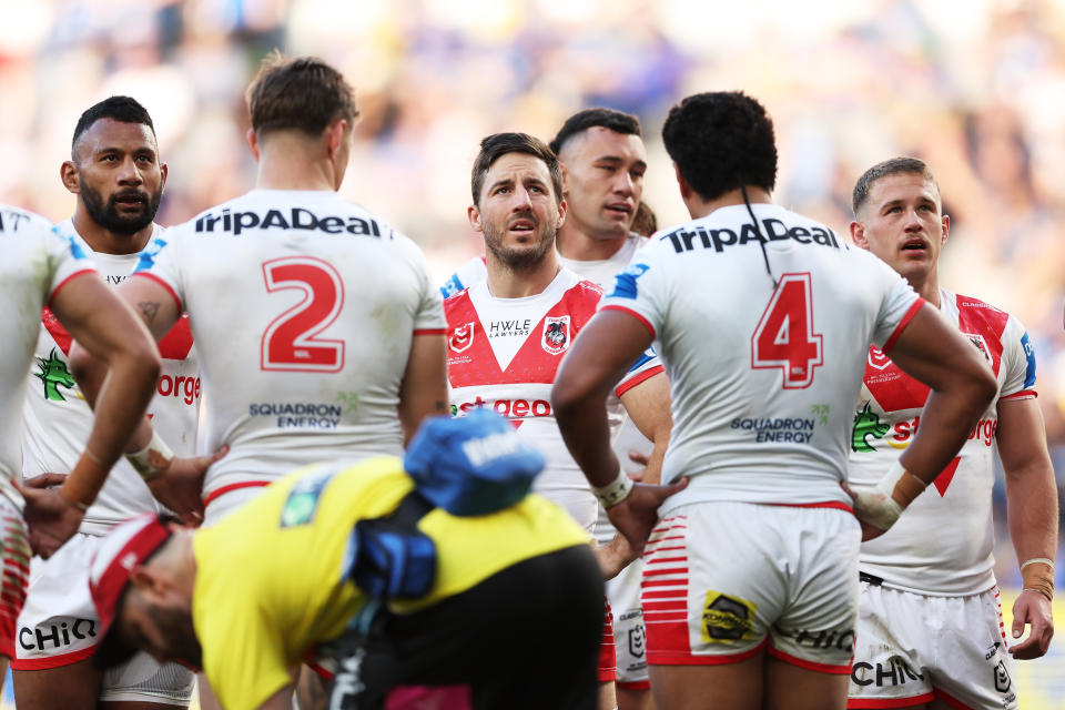 SYDNEY, AUSTRALIA - AUGUST 31:  Ben Hunt of the Dragons looks dejected after an Eels try during the round 26 NRL match between Parramatta Eels and St George Illawarra Dragons at CommBank Stadium, on August 31, 2024, in Sydney, Australia. (Photo by Matt King/Getty Images)