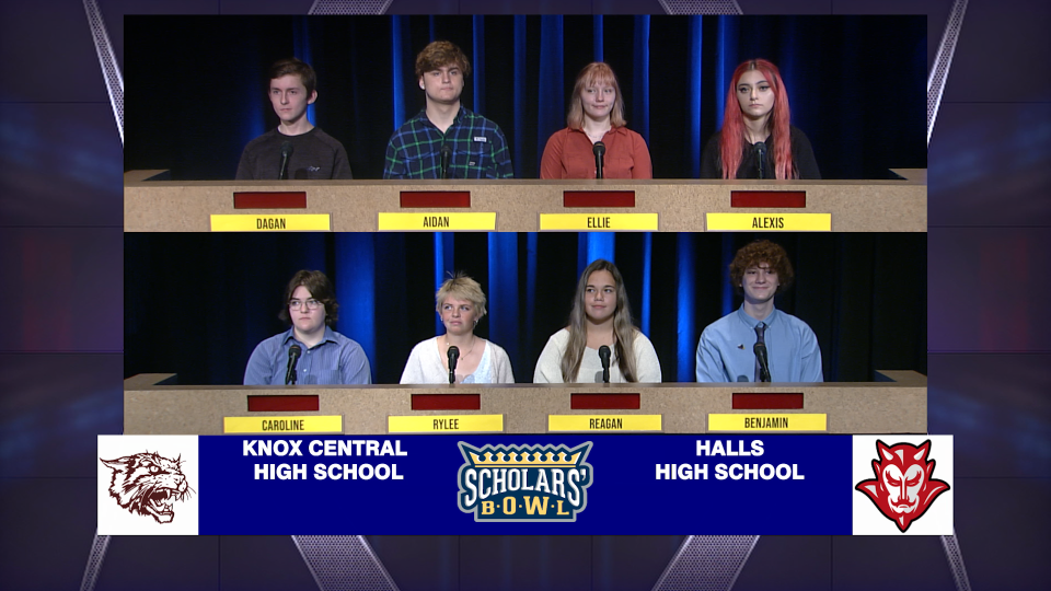 Central’s Dagan Haunhorst, Aidan Campbell, team captain Ellie Edmonson and Alexis McNeal go up against Halls’ Caroline Mulligan, team captain Rylee Cupp, Reagan Daniels and Benjamin Atkins in the 2022 ETPBS Scholars’ Bowl, airing through March on ETPBS. October, 2021.