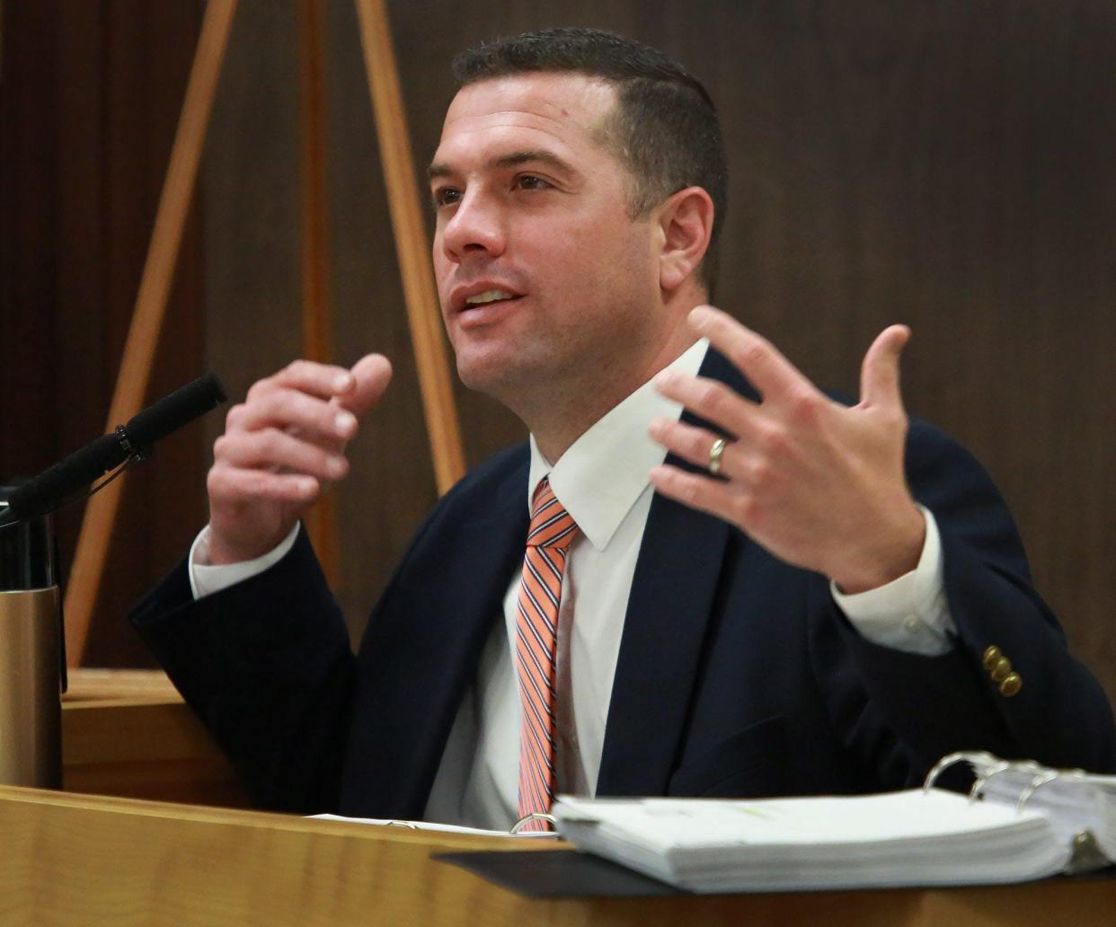 Sgt. Aaron Goodwin of the Portsmouth Police Department, is cross-examined by attorney David Eby while testifying in the Geraldine Webber revocable living trust hearing in the 7th Circuit-Probate Division-Dover in 2015.