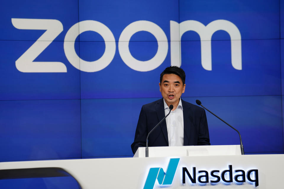 Eric Yuan, CEO of Zoom Video Communications takes part in a bell ringing ceremony at the NASDAQ MarketSite in New York, New York, U.S., April 18, 2019.   REUTERS/Carlo Allegri