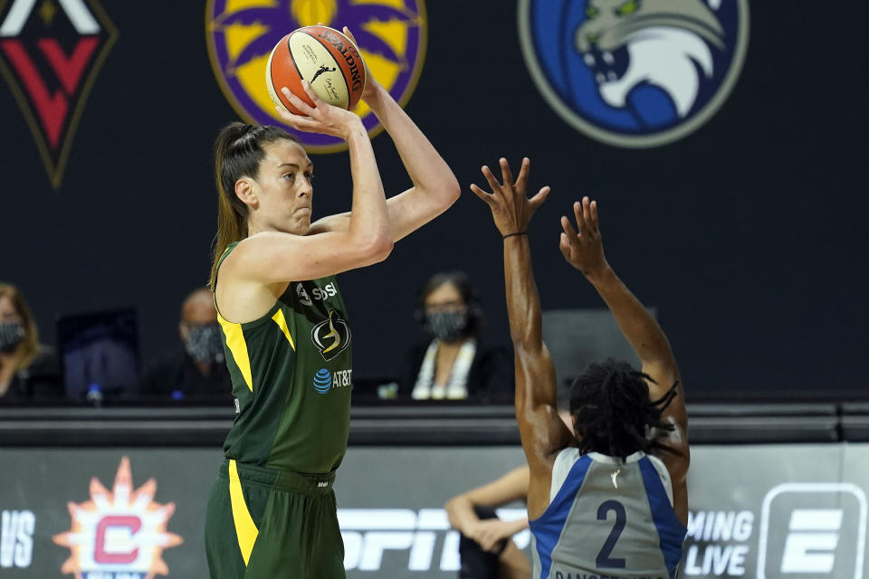 Seattle Storm forward Breanna Stewart (30) shoots over Minnesota Lynx guard Crystal Dangerfield (2) during the second half of Game 2 of a WNBA basketball semifinal round playoff series Thursday, Sept. 24, 2020, in Bradenton, Fla. (AP Photo/Chris O'Meara)