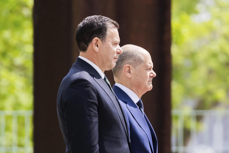 German Chancellor Olaf Scholz, right, and Portugal's Prime Minister Luis Montenegro attend their meeting at the Federal Chancellery in Berlin, Friday, May 24, 2024. (Christoph Soeder/dpa via AP)