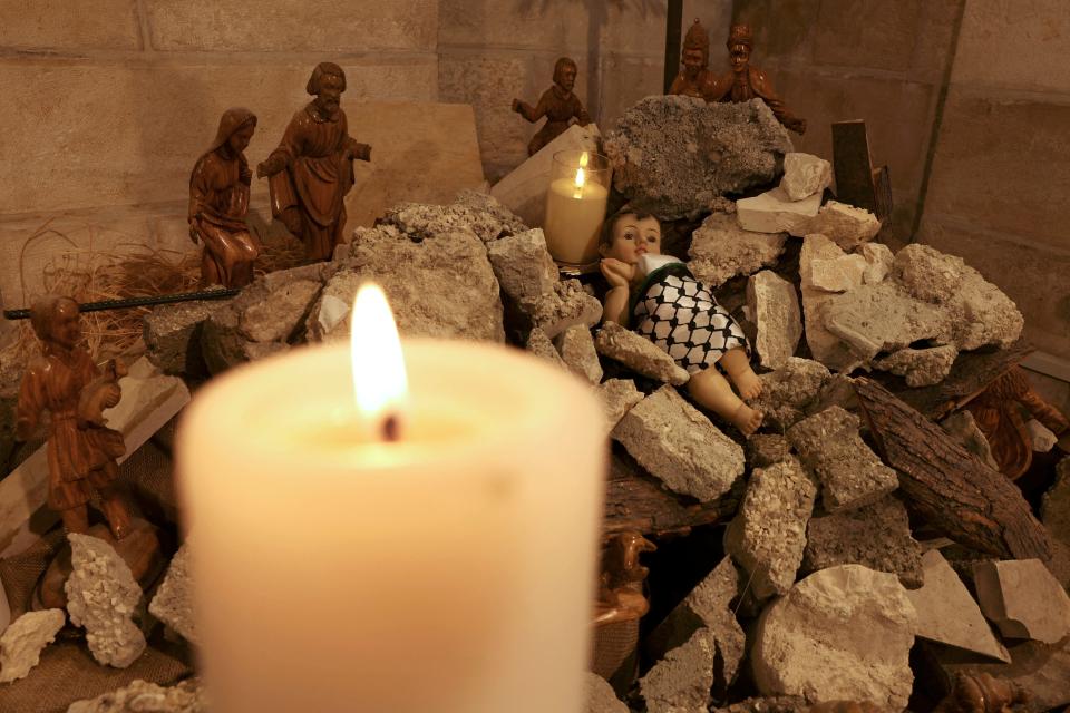 A nativity scene portraying baby Jesus lying in his manger amid rubble at a Lutheran church in Bethlehem, West Bank, on Dec. 6, 2023. Citing the devastating war in Gaza, local leaders canceled public Christmas celebrations this year.