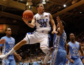 DURHAM, NC - MARCH 03: Seth Curry #30 of the Duke Blue Devils drives to the basket on James Michael McAdoo #43 of the North Carolina Tar Heels during their game at Cameron Indoor Stadium on March 3, 2012 in Durham, North Carolina. (Photo by Streeter Lecka/Getty Images)