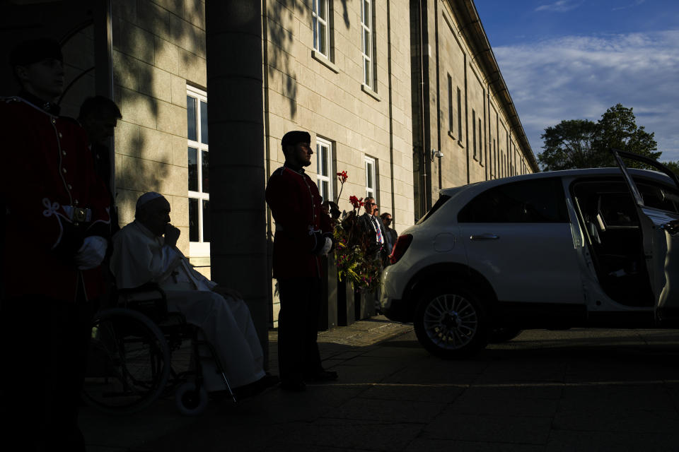 Pope Francis departs from Citadelle de Quebec, Wednesday, July 27, 2022, in Quebec City, Quebec City, Quebec. Pope Francis is on a "penitential" six-day visit to Canada to beg forgiveness from survivors of the country's residential schools, where Catholic missionaries contributed to the "cultural genocide" of generations of Indigenous children by trying to stamp out their languages, cultures and traditions. (AP Photo/John Locher)