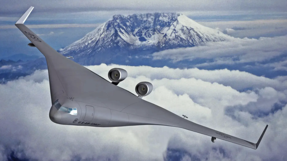A Boeing concept for a blend wing-body aerial refueling tanker design. <em>Boeing</em>