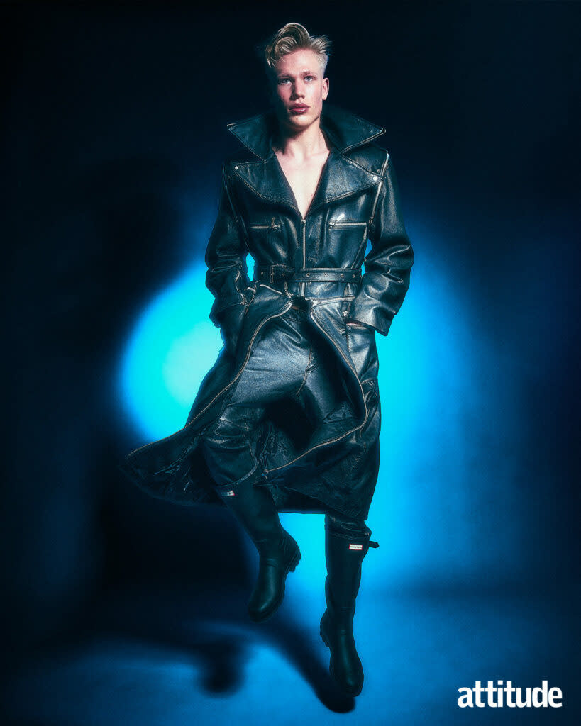 Charlie wears coat by Chema Diaz, vintage leather trousers from Rokit, boots by Hunter
