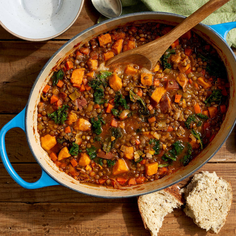 <p>This comforting vegan lentil stew is incredibly satisfying thanks to hearty lentils and sweet potato. The leeks provide a savory allium note while the tomato paste, miso and cumin add bold flavor.</p> <p> <a href="https://www.eatingwell.com/recipe/7912119/vegan-lentil-stew/" rel="nofollow noopener" target="_blank" data-ylk="slk:View Recipe" class="link ">View Recipe</a></p>