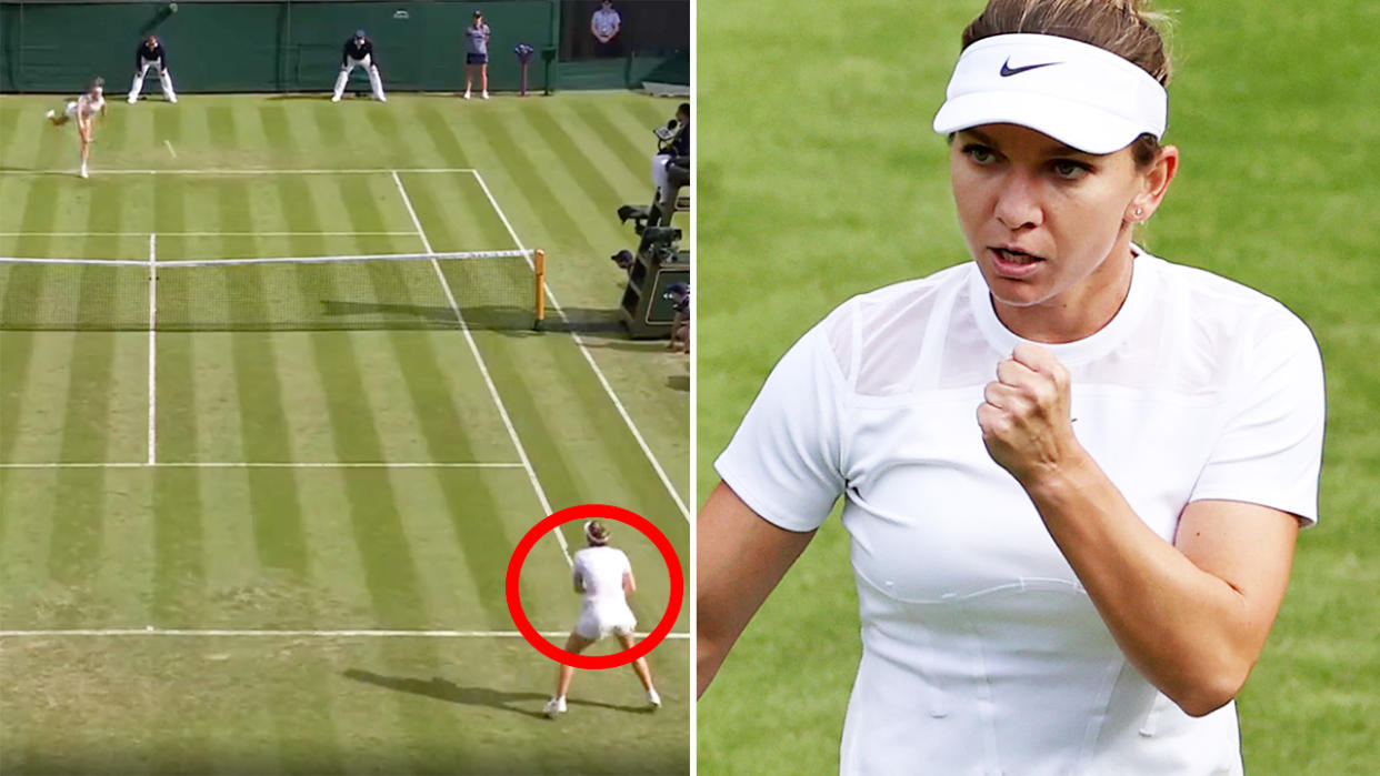 Simona Halep, pictured here opening her Wimbledon campaign with a win on Court 1.