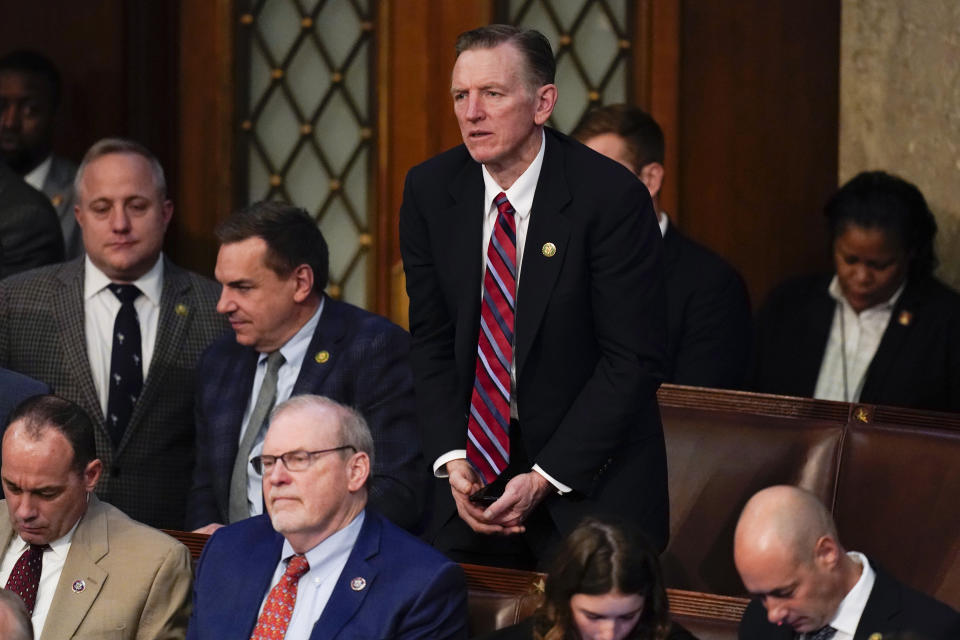 Rep. Paul Gosar, R-Ariz., casts his vote for Rep. Byron Donalds, R-Fla., during the seventh round of voting on the third day to elect a speaker and convene the 118th Congress in Washington, Thursday, Jan. 5, 2023. (AP Photo/Alex Brandon)