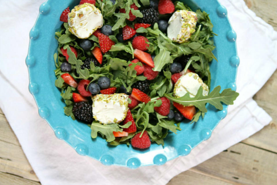 <p>Recipe Girl</p><p>This salad is a way to eat boatloads of berries and goat cheese for dinner. </p><p><strong>Recipe here:</strong> <strong><a href="http://www.recipegirl.com/2016/07/19/arugula-berry-goat-cheese-salad/" rel="nofollow noopener" target="_blank" data-ylk="slk:Arugula, Berry & Goat Cheese Salad;elm:context_link;itc:0;sec:content-canvas" class="link ">Arugula, Berry & Goat Cheese Salad</a></strong></p>