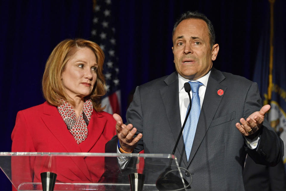 Then-Gov. of Kentucky Matt Bevin (R) speaks to supporters in Lousiville as wife Glenna looks on as the vote on election night last November showed hin narrowly losing his reelection bid. He cried foul, but his claims lacked any substance and within days other GOP leaders in the state disassociated themselves from his allegations.   (Photo: ASSOCIATED PRESS)