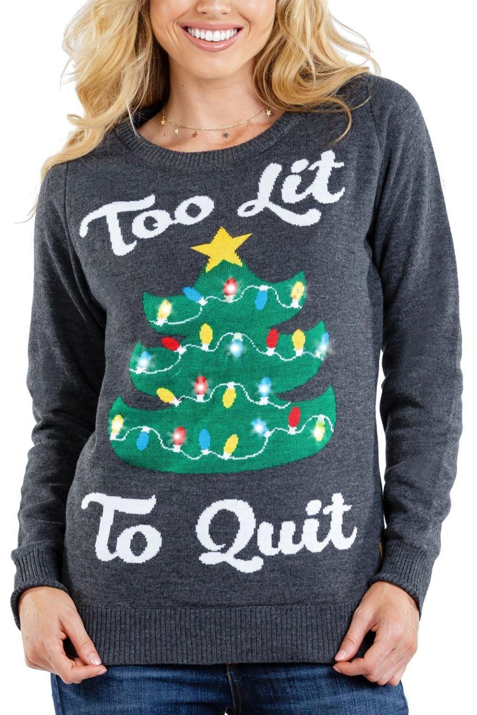 13) Tipsy Elves Too Lit to Quit Ugly Christmas Sweater