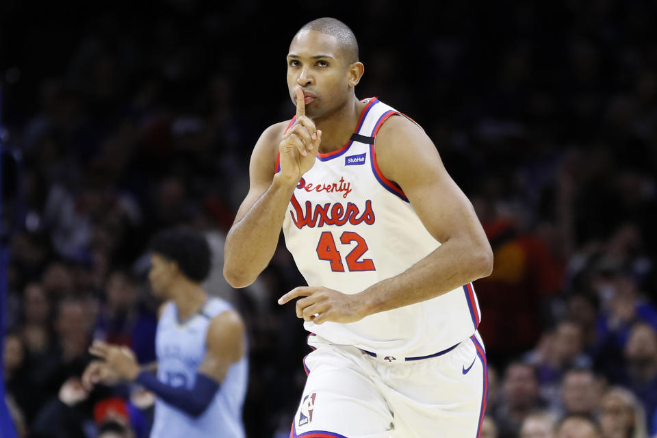 Philadelphia 76ers' Al Horford reacts after making a 3-pointer during the second half of the team's NBA basketball game against the Memphis Grizzlies, Friday, Feb. 7, 2020, in Philadelphia. (AP Photo/Matt Slocum)