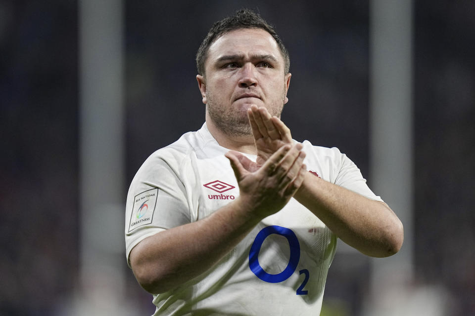 FILE -England captain Jamie George reacts following their loss to France in the Six Nations rugby union international match at Groupama Stadium, Lyon, France, Saturday, March 16, 2024. England and Japan meet in a rugby test for the first time on Japanese soil on Saturday in Tokyo. (AP Photo/Laurent Cipriani, File)