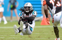 <p>Carolina Panthers’ Donte Jackson (26) intercepts a pass against the Cincinnati Bengals during the second half of an NFL football game in Charlotte, N.C., Sunday, Sept. 23, 2018. (AP Photo/Mike McCarn) </p>