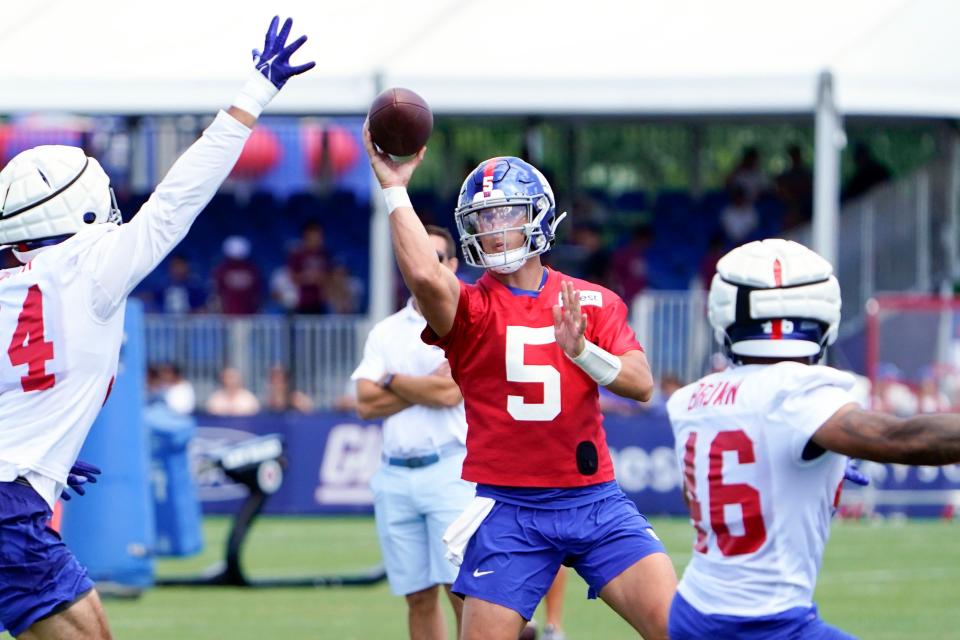 New York Giants quarterback Tommy DeVito (5) throws the ball during training camp in East Rutherford on Sunday, July 30, 2023.
