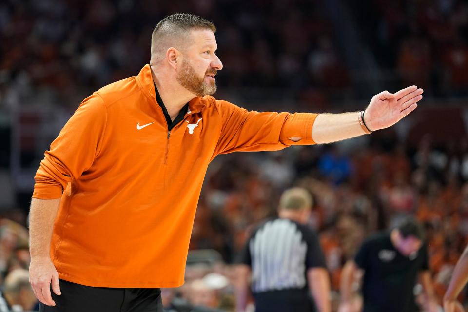 Texas head coach Chris Beard signals to players during the first half against Texas-El Paso at Moody Center.