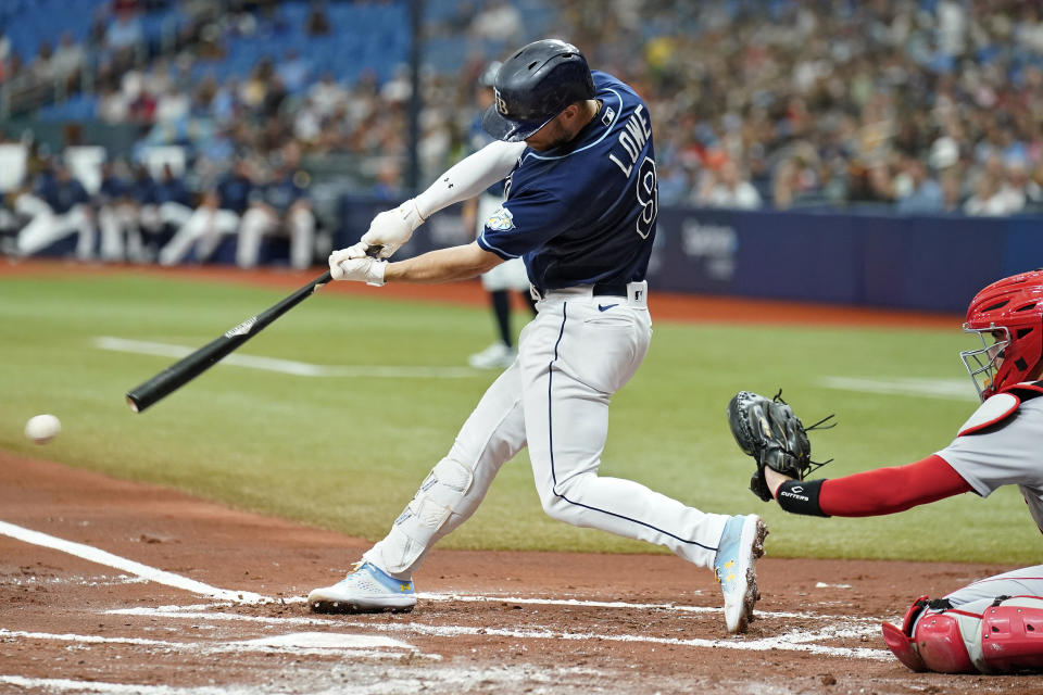 Tampa Bay Rays' Brandon Lowe connects for a two-run single off Boston Red Sox starting pitcher Brayan Bello during the first inning of a baseball game Monday, Sept. 4, 2023, in St. Petersburg, Fla. (AP Photo/Chris O'Meara)