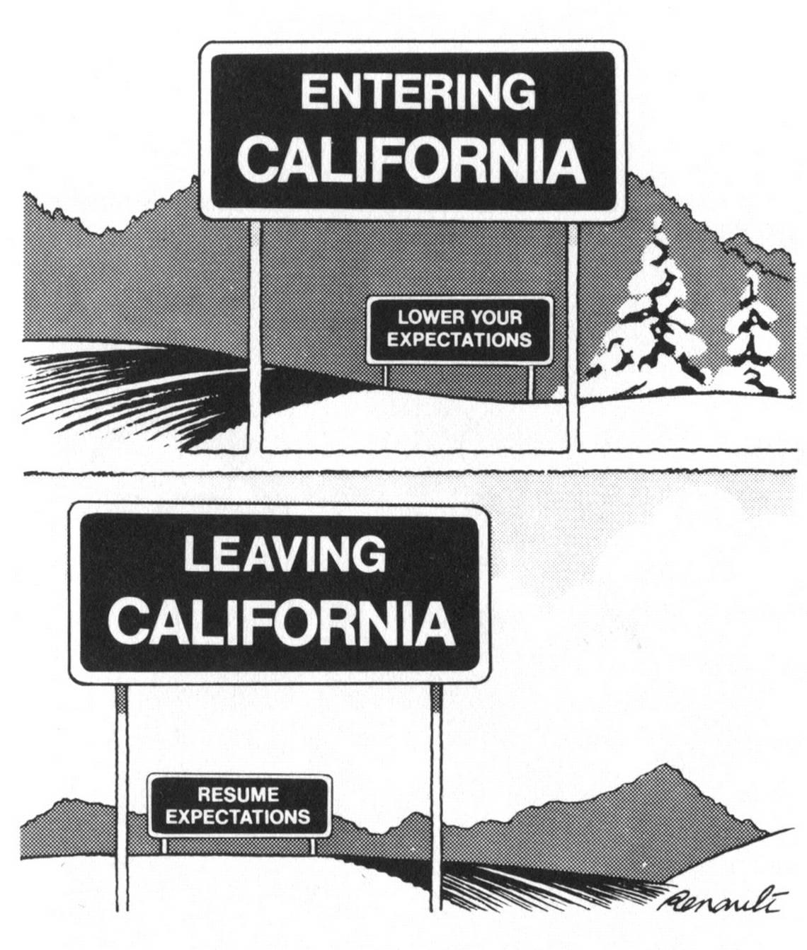 A 1976 editorial cartoon by Dennis Renault shows road signs that mock Gov. Jerry Brown’s “era of limits” catch phrase.