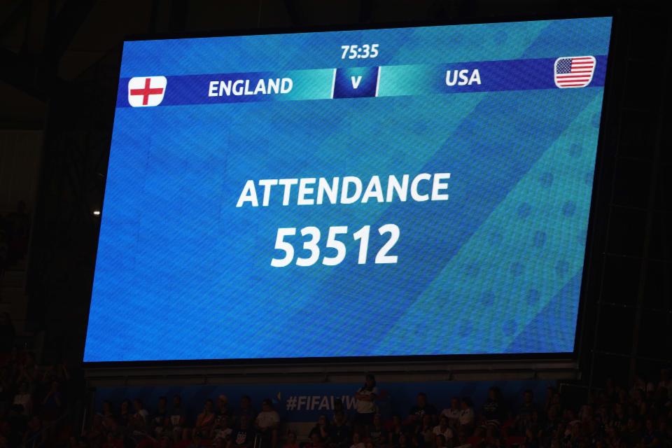 LYON, FRANCE - JULY 02: The electronic scoreboard displays the attendance during the 2019 FIFA Women's World Cup France Semi Final match between England and USA at Stade de Lyon on July 2, 2019 in Lyon, France. (Photo by Craig Mercer/MB Media/Getty Images)