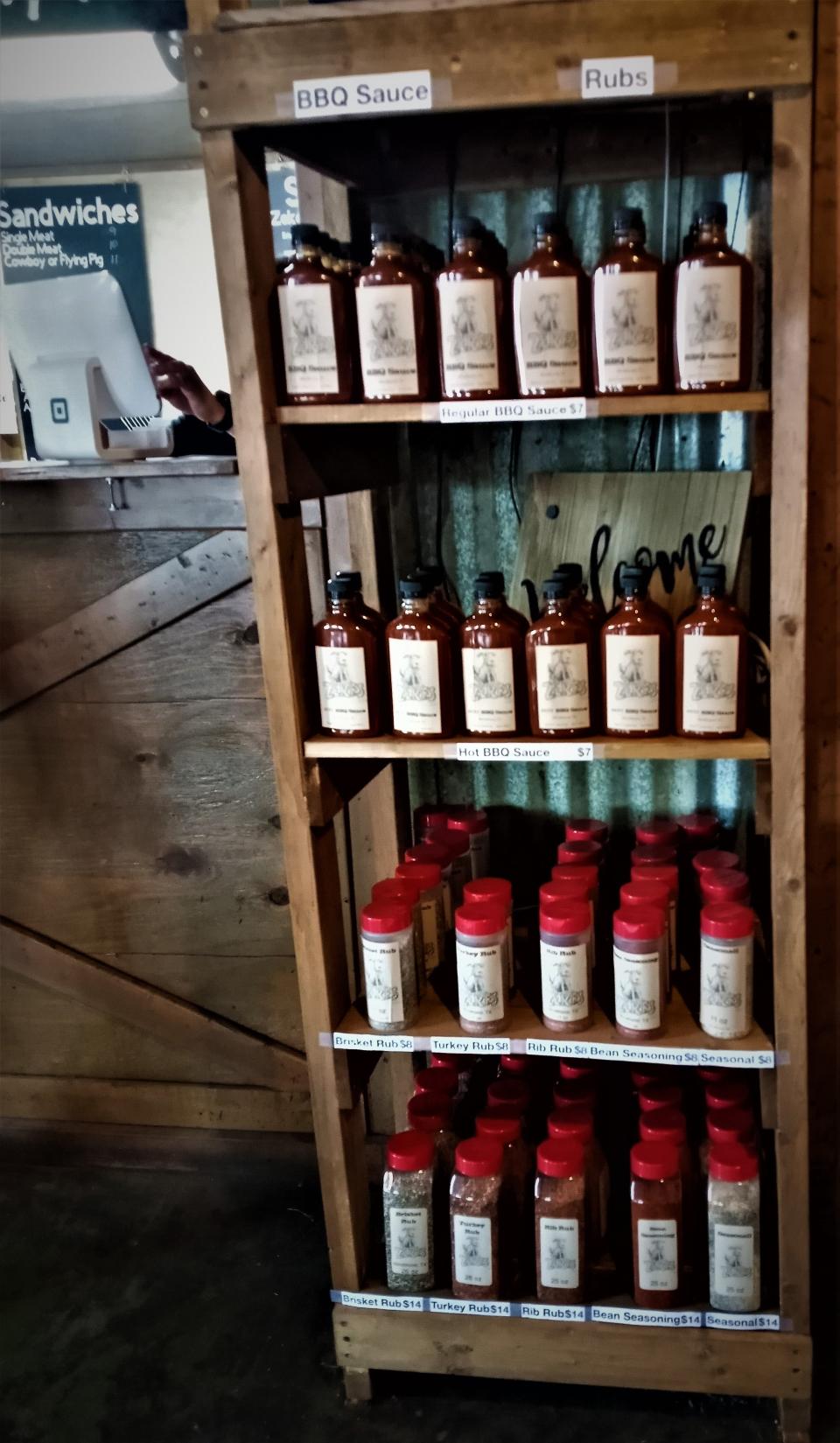 Zeke’s Barbecue Sauce, Brisket, Turkey and Rib Rub, Bean Seasoning and Seasonall are all for sale by the bottle or shaker.