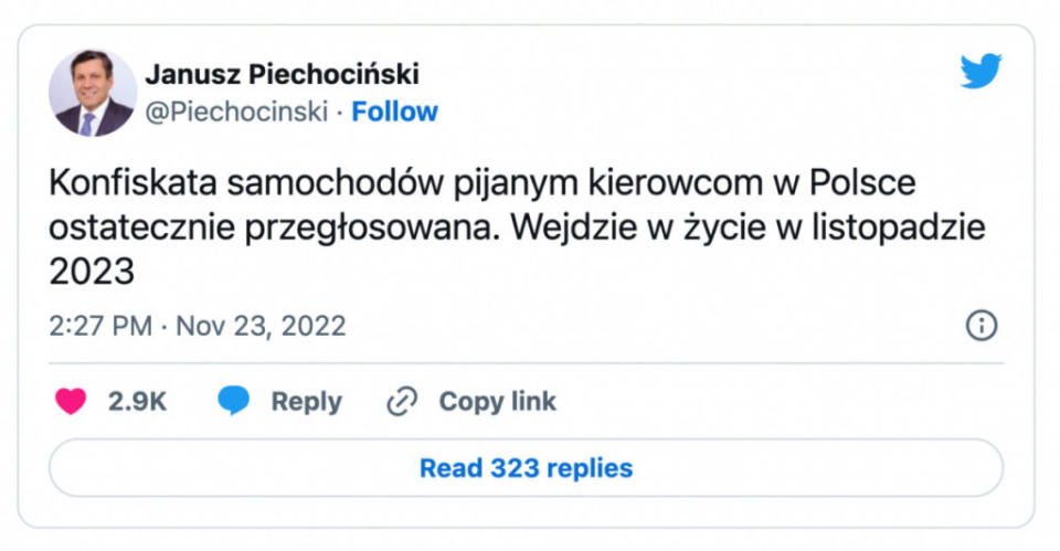 波蘭前副總理Janusz Piechociński在推特上表示，酒駕沒收車輛的新法已經通過，明年11月就會實施。(圖片來源/ 翻攝自推特)