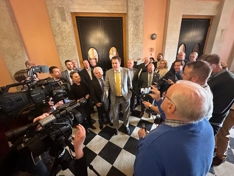 Rep. Derek Merrin, R-Monclova, talks with reporters about his role as leader of the Ohio House's Republican Majority Caucus on January 11, 2023.