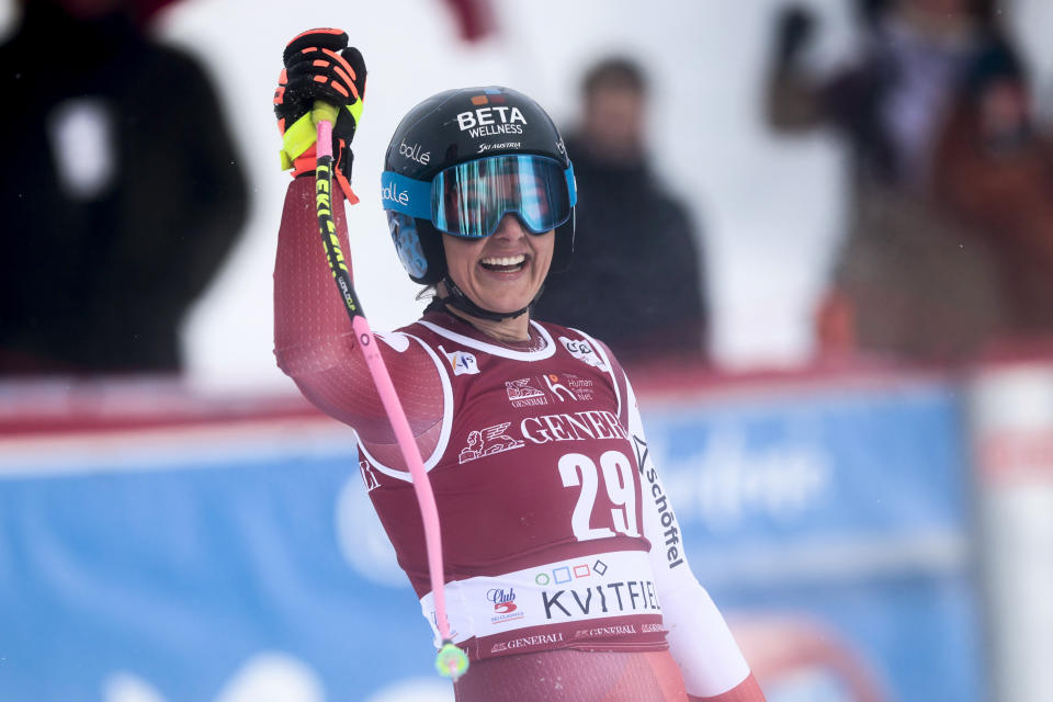 Austria's Stephanie Venier celebrates after completing an alpine ski, women's World Cup super G race, in Kvitfjell, Norway, Sunday, March 5, 2023. (Stian Lysberg Solum/NTB Scanpix via AP)