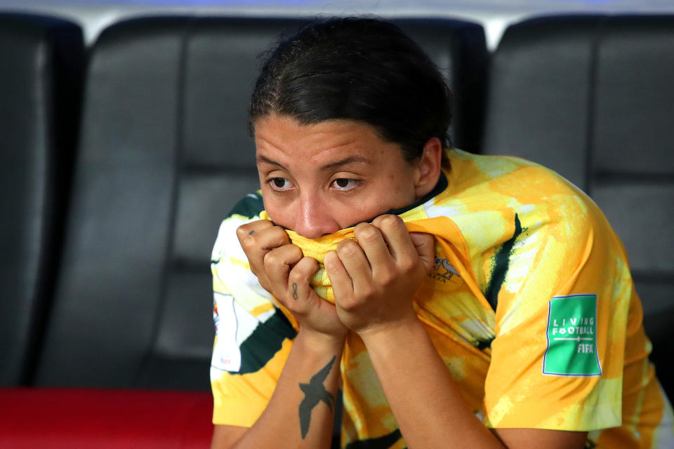 NICE, FRANCE - JUNE 22: Sam Kerr of Australia looks dejected after losing the penalty shoot out during the 2019 FIFA Women's World Cup France Round Of 16 match between Norway and Australia at Stade de Nice on June 22, 2019 in Nice, France. (Photo by Hannah Peters - FIFA/FIFA via Getty Images)