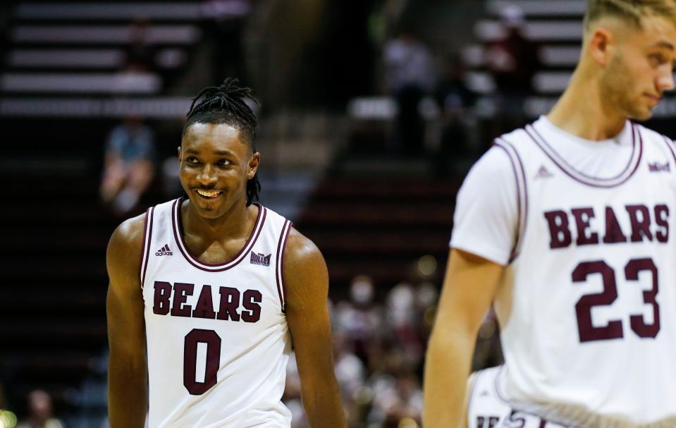 Missouri State Bears junior Chance Moore after being fouled as the Bears took on the Evansville Purple Aces at Great Southern Bank Arena on Wednesday, Nov. 29, 2023.