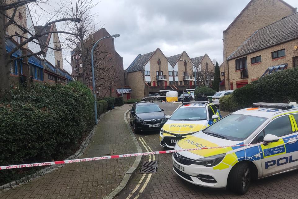 Police vehicles at the scene in Surrey Quays (Barney Davis/The Independent)