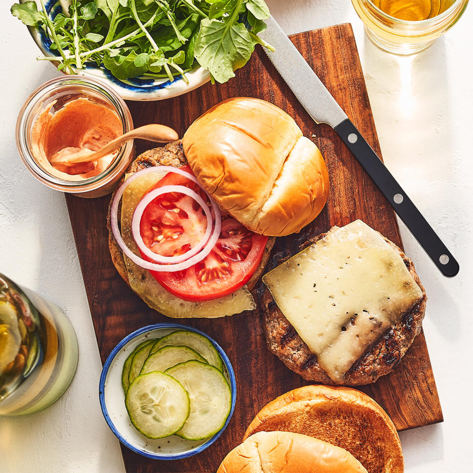 Grilled Beef-Mushroom Burgers with Quick Pickles