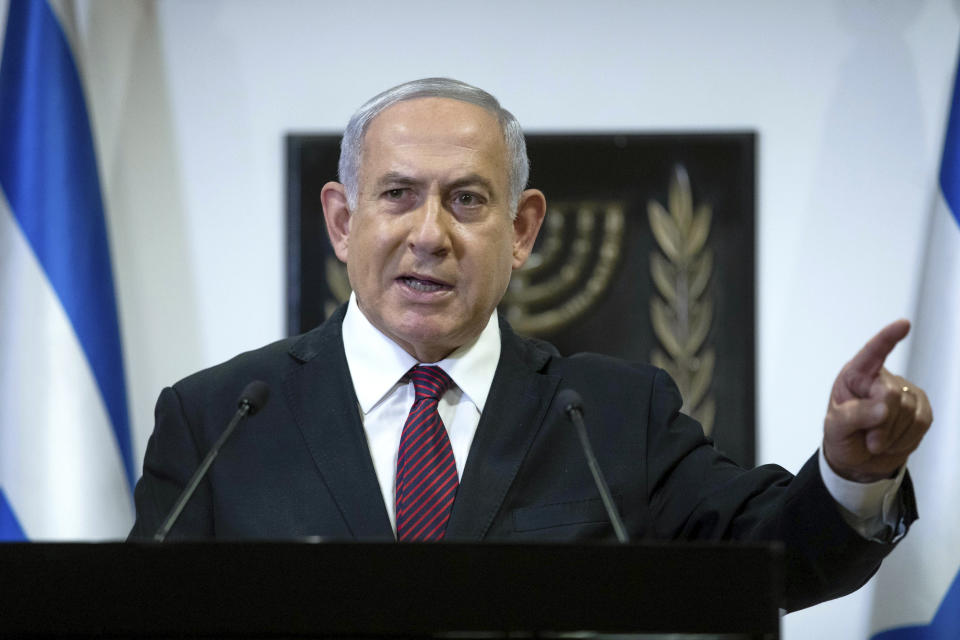 Israeli prime minister Benjamin Netanyahu delivers a statement at the Israeli Knesset, or Parliament, in Jerusalem. Photo: Yonatan Sindel/Pool Photo via AP, File