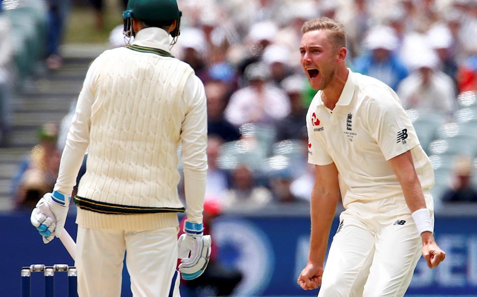 Stuart Broad reacts after successfully appealing for LBW to dismiss Australia's Peter Handscomb - REUTERS