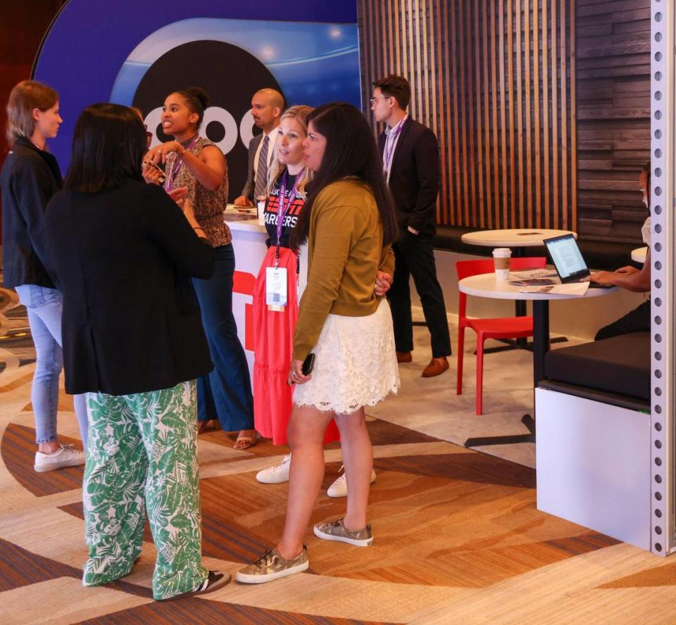 Latino journalists network during Wednesday’s opening day of the National Association of Hispanic Journalists convention on July 12, 2023 at the InterContinental Hotel in Miami.